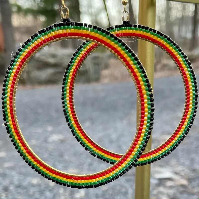 Beaded Large Rasta Hoop Earrings - Colorful Beads, Stainless Steel, Hypoallergenic, Durable, 65 mm, Attached to Sterling Silver Hook Ear Wire