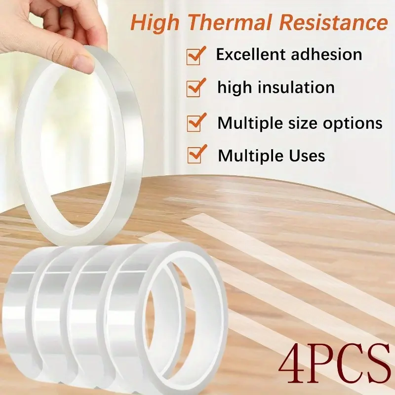 4 Rolls 20mm x33m(108ft) Clear Heat Tape, Transparent High Temperature Heat Resistant Tape, Heat Transfer Tape for Heat Press and Sublimation, Heat Transfer Vinyl, No Residue