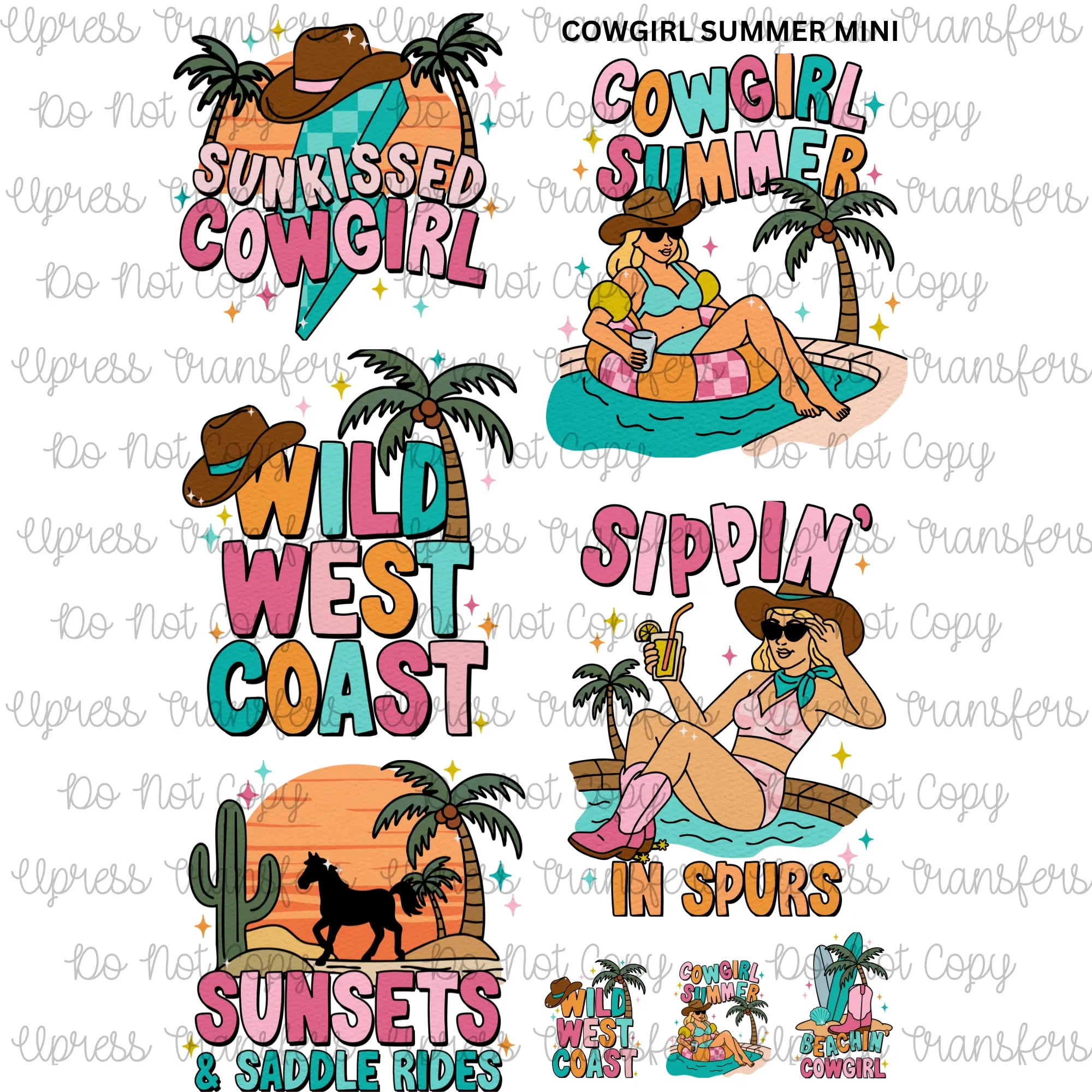 Cowgirl Summer Mini DTF Transfer Gang Sheet 24.5" Wide x 36" Long Direct To Film Trendy Vibrant Designs for Stylish Wardrobe