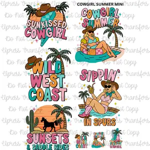 Cowgirl Summer Mini DTF Transfer Gang Sheet 24.5" Wide x 36" Long Direct To Film Trendy Vibrant Designs for Stylish Wardrobe