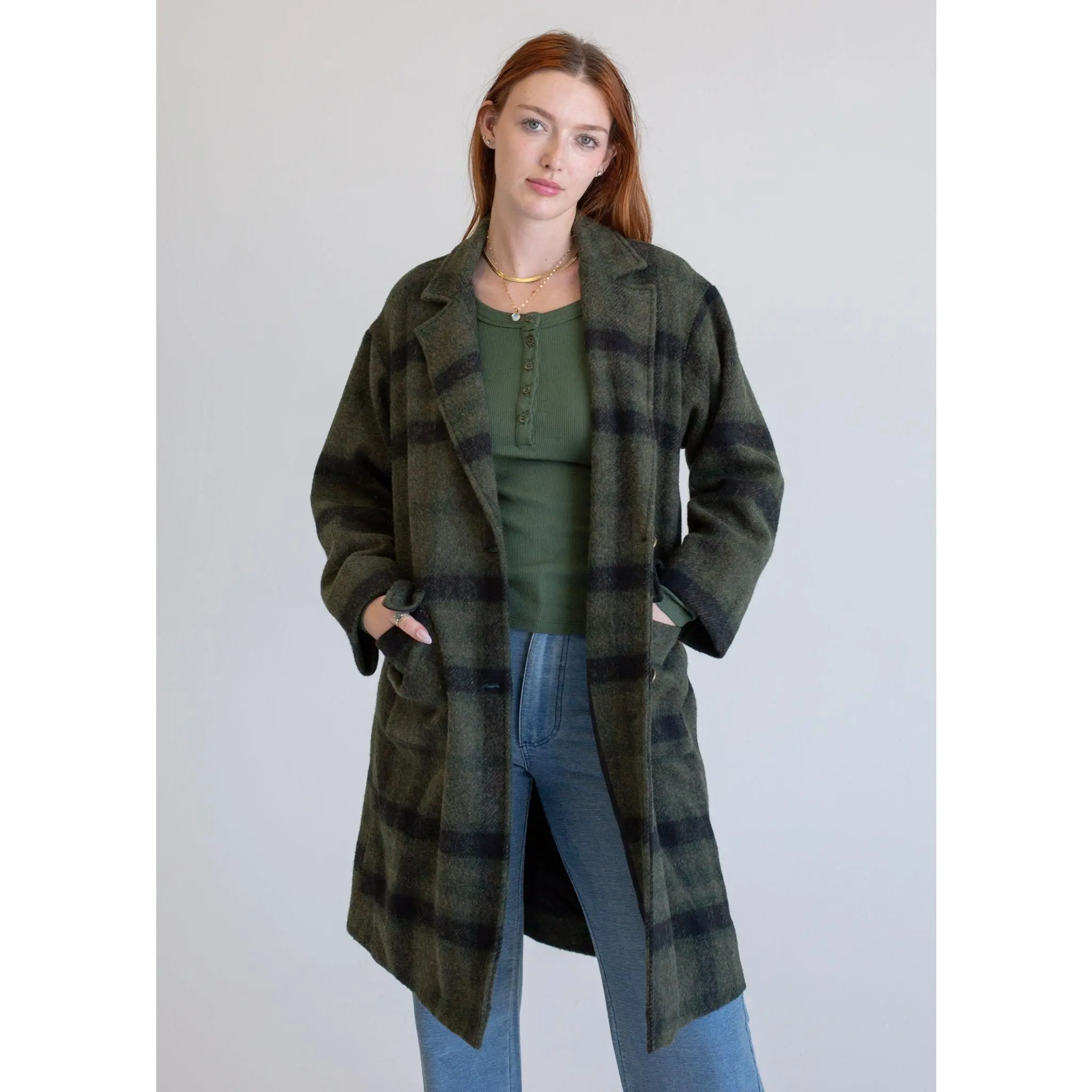 Green Plaid Wool Coat