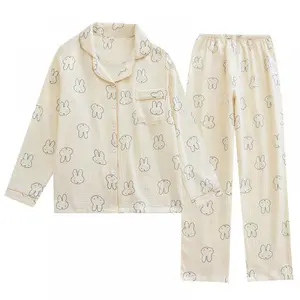 Miffy all-cotton pajamas for women Spring and summer kawaii cardigan long-sleeved suit collar cotton gauze home wear set