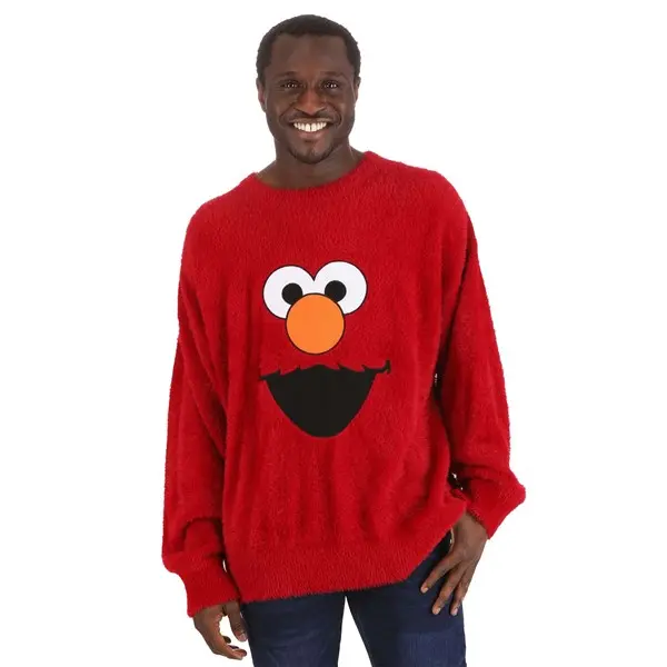 Officially Licensed Women's Elmo Sweater, Oversized Casual Furry Nylon Pullover with Embroidered Face