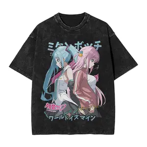 Hatsune Miku Anime Graphic T-Shirt Vintage Washed Oversized Cotton Tee, Japanese Vocaloid Singer Print, Hip Hop Streetwear Casual Summer Top for Men Women