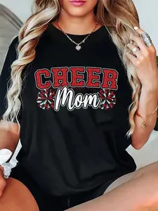 100% Cotton Unisex Funny Loud Proud Cheer Mom Mama Cheerleading Red Black Pom T-Shirt