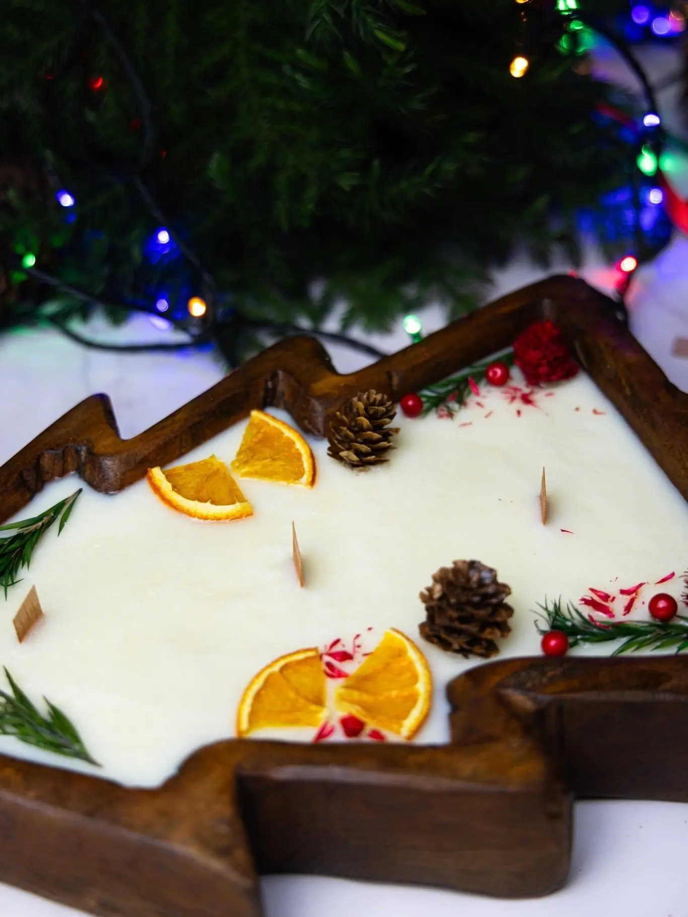 Large Christmas Tree Wooden Dough Bowl Candle | Handmade Soy Wax Holiday Candle | Christmas Home Decor | Christmas Gift | Rustic Farmhouse Candle