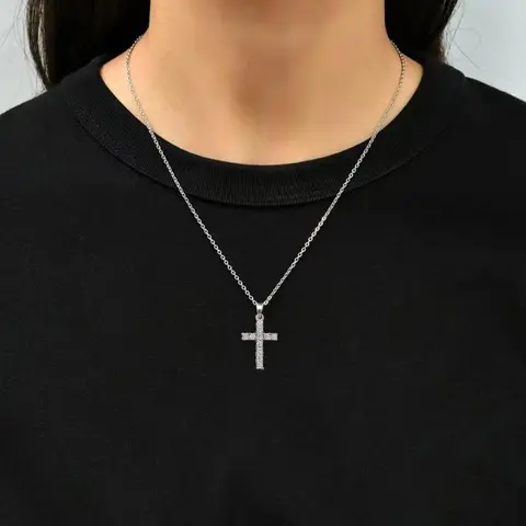 Rhinestone Pendant Necklace for Women & Girls, Fashion Jewelry for Party, Daily Clothing Decor, Dainty Cross Necklace, Cross Chain, Trendy All-match & Exquisite Jewelry for Birthday Gift