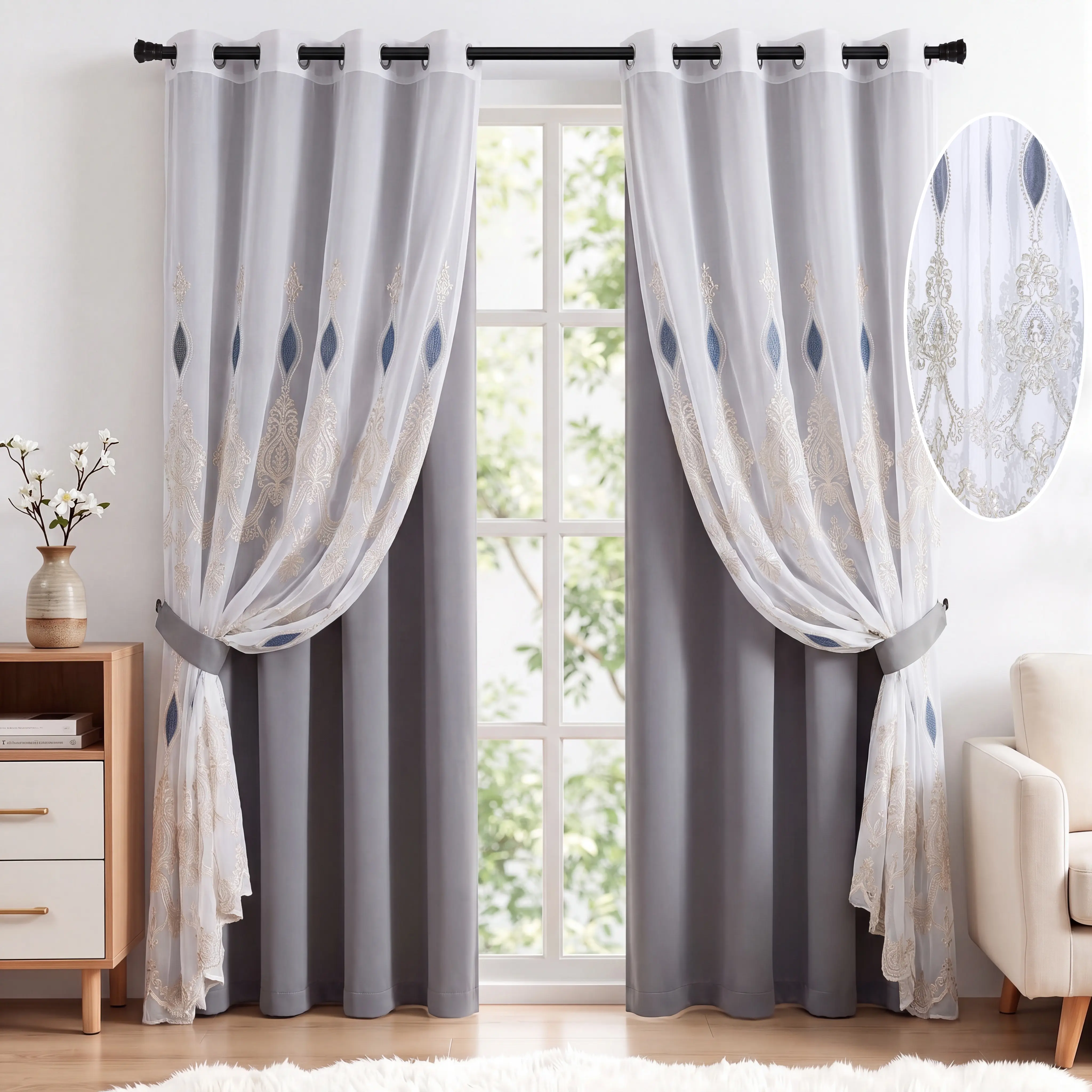 4 Panels 52"x84"Curtains Combo ,2-in-1 Curtain Set, Luxury Wedding Velvet Applique Embroidered Sheer Voile + Solid Color Blackout Liner, Multiple Solid Shades Optional Custom Matching, Grommet Top Double Layer for Bedroom Bridal Apartment Home  QF22  QF73