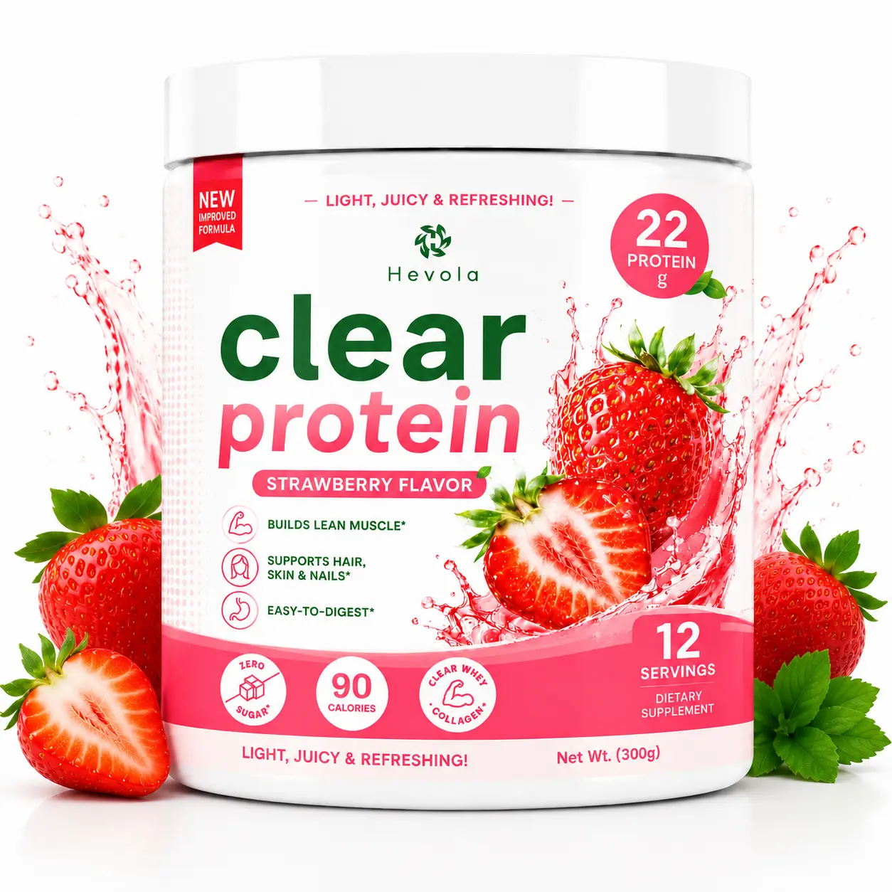 Clear Protein Powder Strawberry Flavor 22g Protein, Clear Whey Isolate with Collagen, Zero Sugar, 90 Calories, Light & Refreshing Hydration Drink Mix for Workout Recovery & Daily Fitness Support