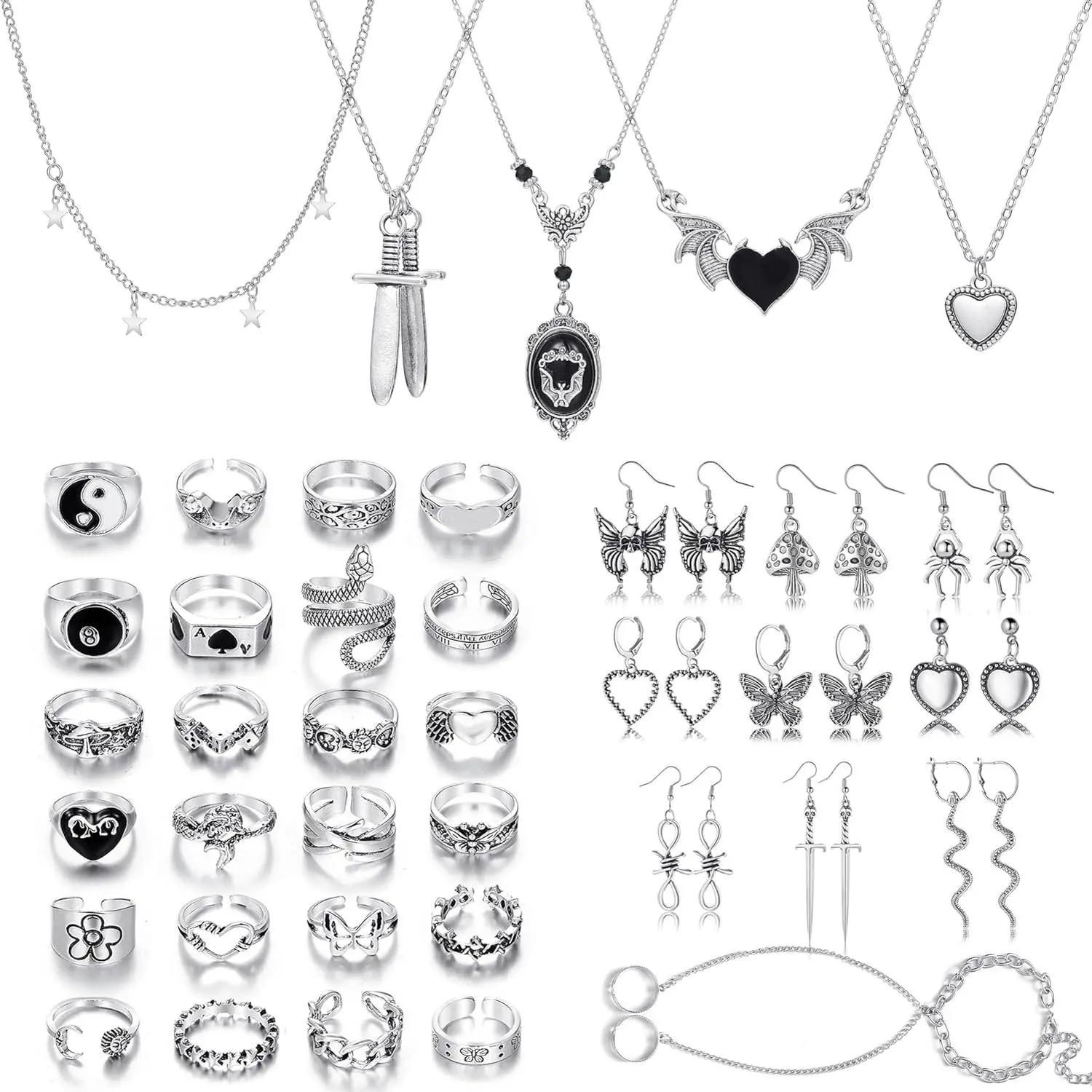 Metal Punk Goth Horror Jewelry Set for Women, Vintage Silver Necklaces Earrings Rings Chain Bracelet Set, Goth Grunge Y2K Emo Jewelry Sets Party Costume Accessories Gifts