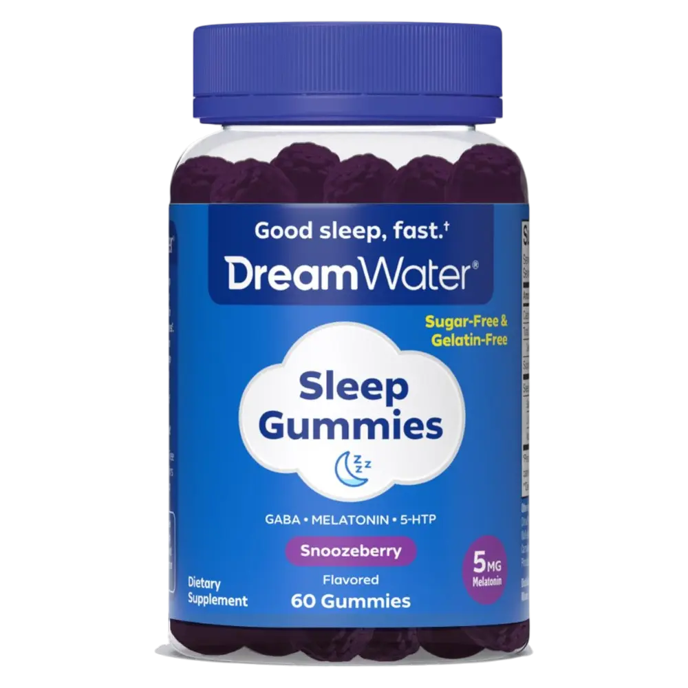 Dream Water Snoozeberry Sleep Gummies with Pectin, 5mg Melatonin, GABA & 5-HTP, Sugar-Free Gelatin-Free Vegan Bedtime Sleep Aid for Adults, Restful Sleep & Relaxation Support, 60 Count