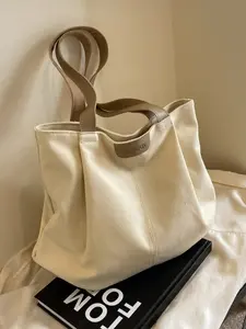 New Large Capacity Canvas Bag, Casual Versatile Simple Design, University Student School Commute Tote Bag, Fashion Shoulder Bag, Soft Commuter Tote