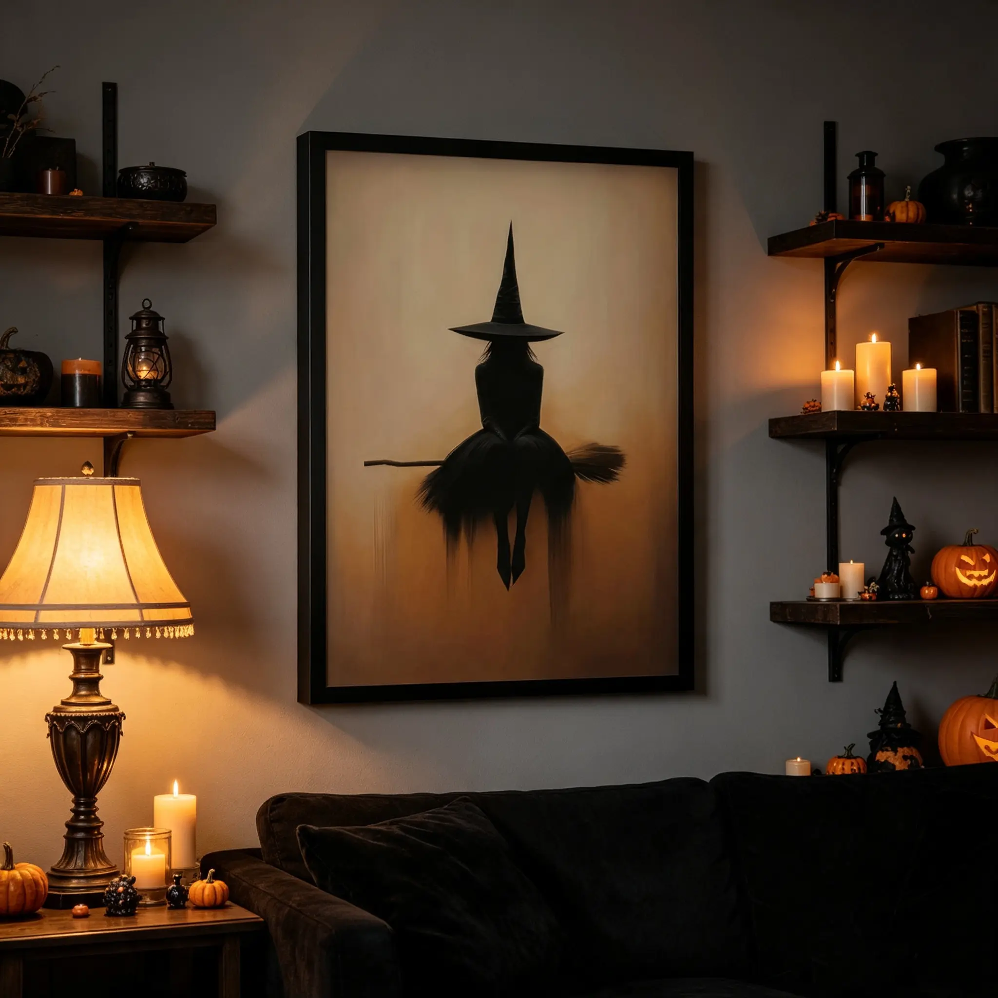Vintage Halloween Witch On Broom Canvas Poster, Gothic Dark Academia Wall Art, Spooky Witchcraft Magic Poster, Retro Halloween Artwork for Bedroom, Living Room & Dorm Decor, Eerie Gift for Gothic Art & Halloween Lovers