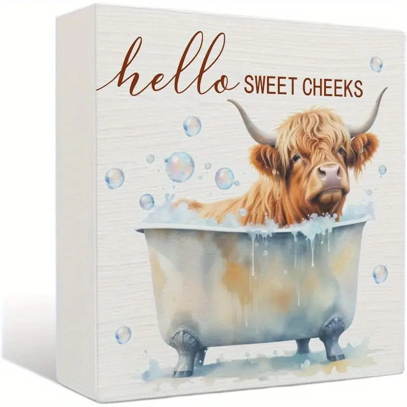 Highland Cow Bathroom Decor Wooden Sign - Hello Sweet Cheeks Bathroom Decor, Funny Bathtub Farm Animal Cow Wood Signs, 5x5 Inches Western Decor