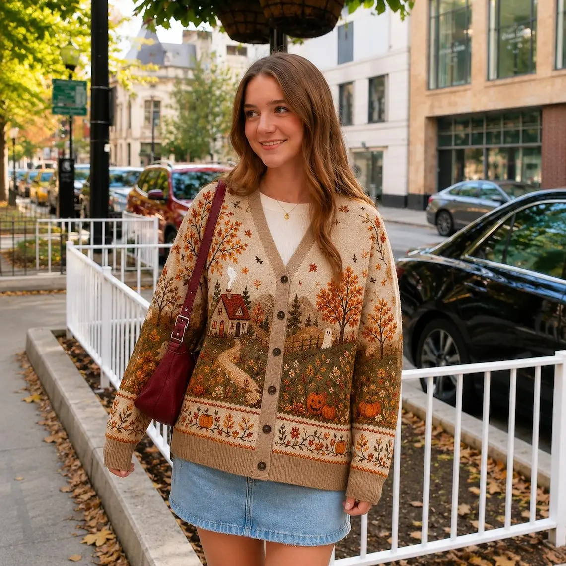 Haunted Cottage Halloween Knit Cardigan, Ghost Pumpkin Fall Sweater, Cozy Cottagecore Autumn Cardigan, Spooky Season Gift