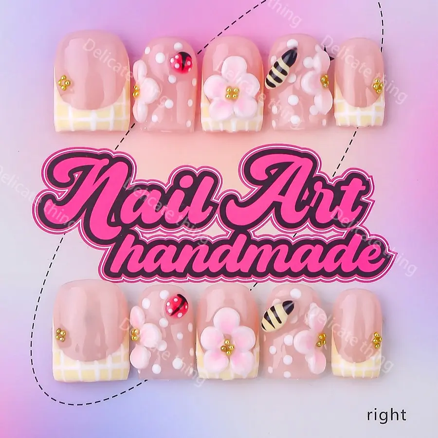 Delicatething Y2K Nail Set, Nail Art Decoration, Handmade Square Duckbill Nails, 4 Sizes XS S M L, Includes Jelly Glue Crystal Stick, Nail Art DIY Supplies