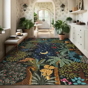 Washable Jungle Rug Non-slip Stain-resistant Large Area Rug with Botanical and Animal Prints for Living Room Nursery