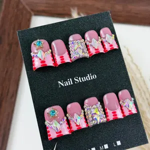 10pcs Sweet and cool style, hand-painted spot patterns, five-pointed star diamonds, dazzling stacked diamonds, Elegant rhinestone decorated, handmade fake nails, Suitable for sister outings, shopping, taking photos, afternoon tea, Glitter Decorative Nails