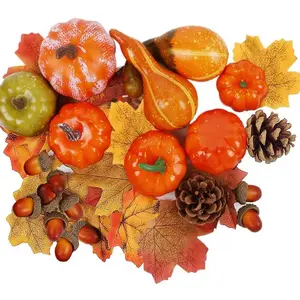 Thanksgiving Fall Decorations for Home-6pcs Mini Pumpkins & 2pcs Gourds, 30pcs Leaves & 10pcs Acorns, 2pcs Pinecones Centerpiece Set-Harvest Decor for Table Mantel