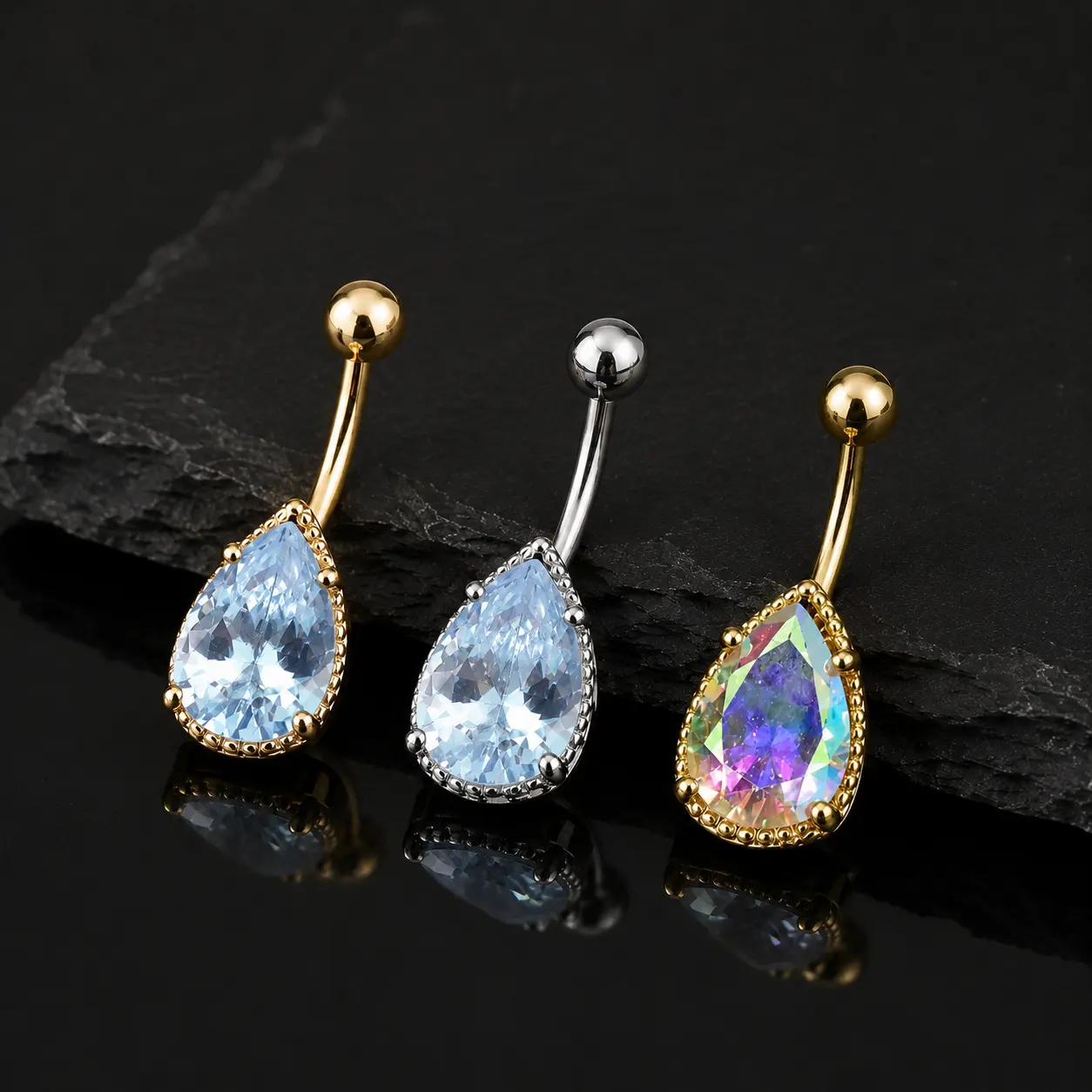 Women's 14G Teardrop Navel Piercing Rings - Pear-Cut Crystal Belly Button Jewelry, Minimalist Hypoallergenic Copper Stainless Steel, Single/3-Pack Sparkly Horseshoe Nose Jewelry Set