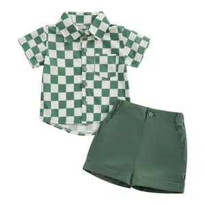 Toddler Boy Gentleman Outfit Checkerboard Print Button Short Sleeves Shirt and Shorts Set for Formal Wear