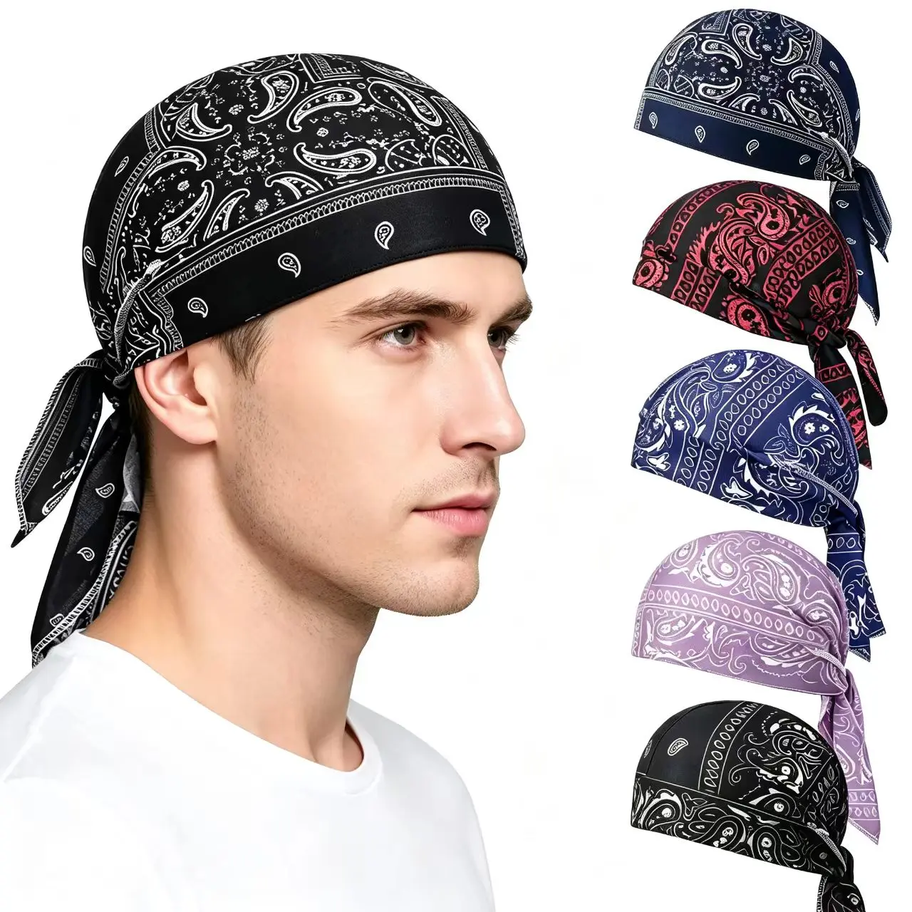 Unisex Paisley Pirate-Style Multifunctional Headwear 5-Pack - Breathable Polyester Scarf Head Wrap with Adjustable Tie-Back, for Outdoor Activities, Holiday Gifts & Decorative Fashion Accessories