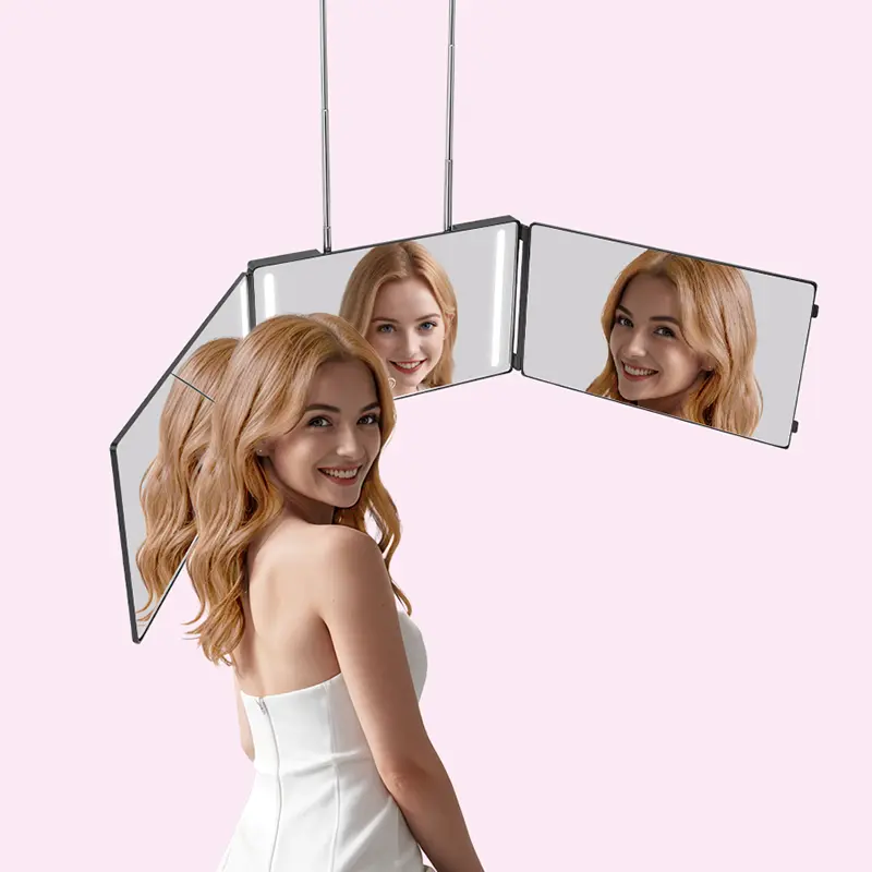 LED 3-Way Self Haircut Mirror with Stepless Dimming, 360° Viewing Tri-Fold Glass Mirror, Adjustable Telescoping Hooks for Door or Wall, Hands-Free Barber Mirror for Hair Cutting, Shaving, Makeup, Styling and Hair Dye