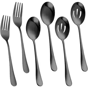 Serving Spoon Sets, Includes 2 Serving Spoon,2 Slotted Serving Spoon, 2 Serving Fork, Stainless Steel Serving Spoons for Parties,Buffet Serving Utensils Set (Black)