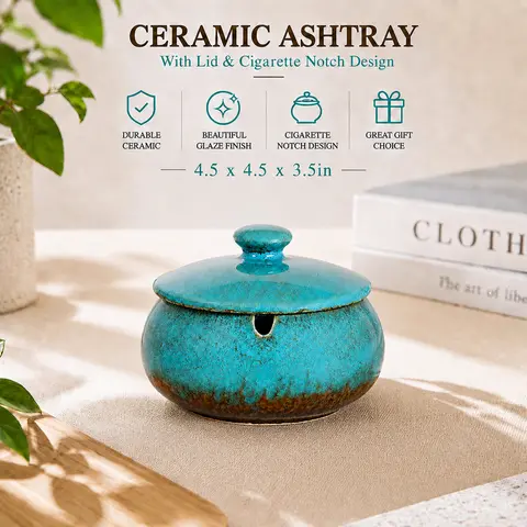 Blue Ceramic Ashtray with Lid, Cigarette Ash Tray for Indoor Outdoor Use, Decorative Ashtray for Home Office Patio, Father’s Day Gift for Dad