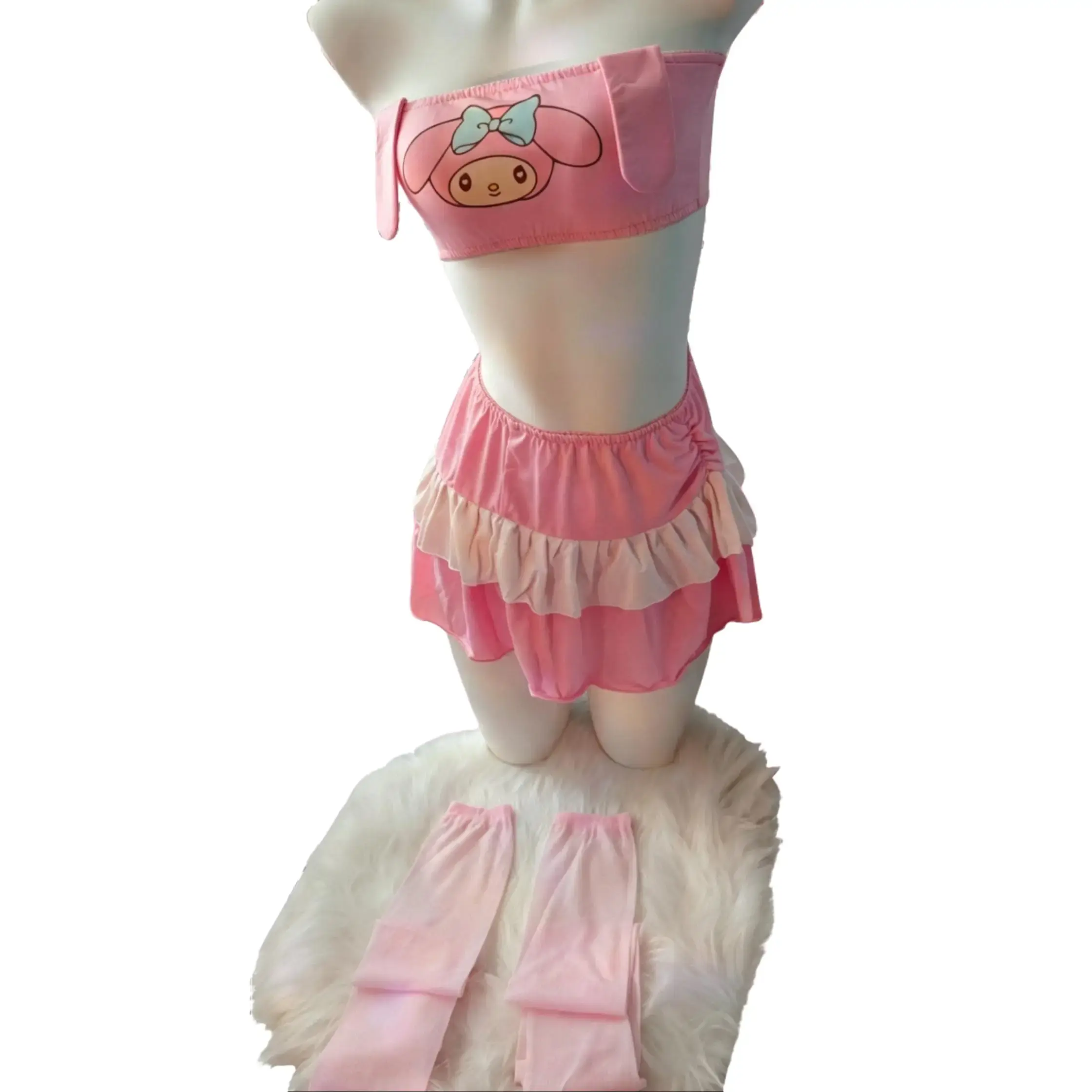 Women's Cute Pink My-Melody Cartoon Cosplay 2-Piece Stretchy Matching Set - Ruffled Tiered Soft Skirt, Tube Top, 3D Ears, Character Print, Elastic Waist, Comfortable Fit, Machine Washable Womenswear Accessories