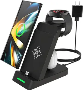 Upgraded Charging Station for Samsung Multiple Devices, 3 in 1 Charger Station for Galaxy S23/S22/S21/S20/S10/Note20/Z Flip4 /Fold4/Galaxy Buds, Wireless Charger for Samsung Galaxy Watch 4/5/5Pro/3.Support fast charging.Adapter with US gauge.