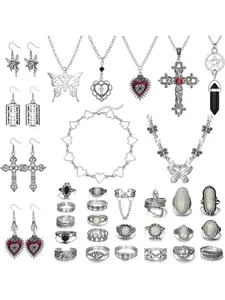 37 Pcs Silvery Grunge Vintage Punk Necklaces Earrings Rings for Women Men Chunky Retro Jewelry Set Gothic Earrings Fairy Butterfly Boho Y2k Cross Pendent Butterfly Heart Choker Goth Stackable Knuckle Rings Adjustable Y2k Accessories