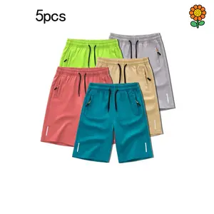 DZP-5pcs Boys' Summer Sports Shorts, Polyester 95%, Elastane 5%, Slight Stretch, Solid Color, Regular Fit, with Drawstring and Zip Pockets, Ages 12 and Under, Outdoor