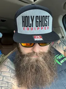 Richardson Flat Bill Snap Back Grey/Black with "Holy Ghost Equipped" Embroidered on front