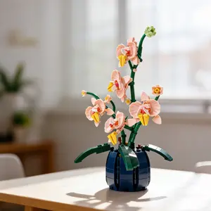 Elegant Orchid Building Block Toy Display Piece, Orchid + Blue Vase, Abs Material, Creative Construction Toy, Indoor Plant Arrangement