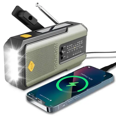 Compact Emergency Weather Radio - Green Solar Hand Crank Portable Outdoor Survival Device with Built-in Batteries, 2000mAh Power Bank, AM/FM/WB, LED Flashlight, SOS Alarm, USB Recharging for Camping, Emergency Preparation, Blackouts Power Outages