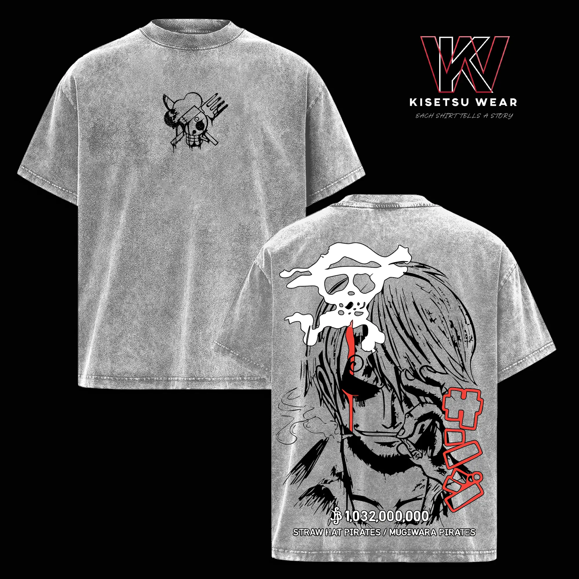 Sanji Vintage Washed Oversized T-Shirt – One Piece Sanji Wanted Bounty Graphic Tee, Anime Manga Art Shirt, Streetwear Unisex Top