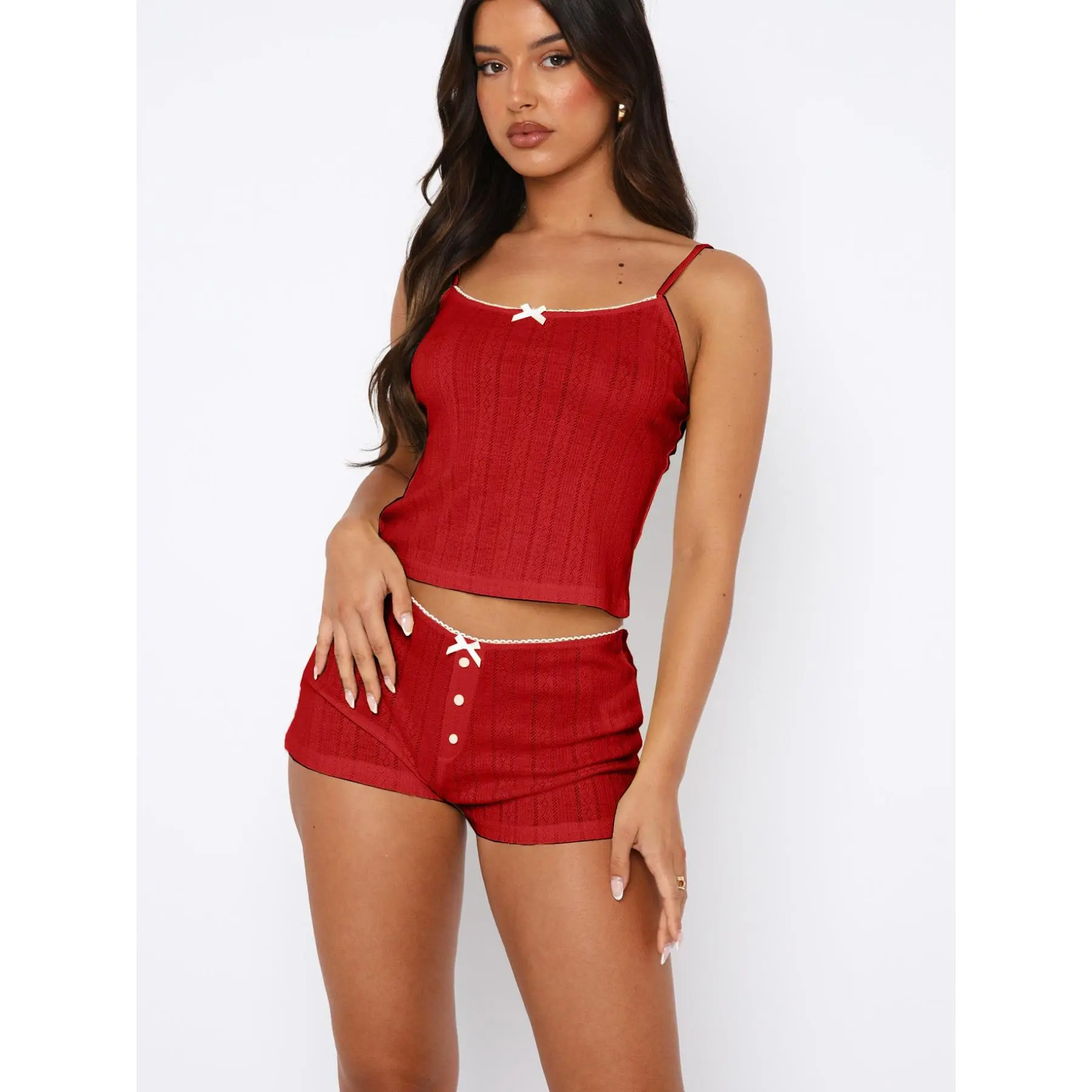 Women 2pcs Ribbed Y2K Pajama Set Sleeveless Lace Patchwork Crop Cami Tops and Shorts Lounge Sleepwear PJ Set