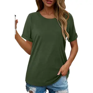 Angerella Women's Oversized Short Sleeve T-Shirt, Casual Drop Shoulder Top with Roll-Up Cuff Sleeves for Summer
