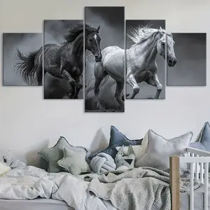 2D flat 5-piece canvas poster of running horse, modular art. Modern design ideal for bedroom, kitchen, dorm wall decor.