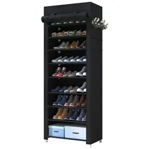 10 Tier 9 Grids Shoe Rack with Dustproof Cover Adjustable Standing High Storage Shelf