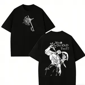 Escanor Seven Deadly Sins Double-Sided T-Shirt,Sacred Treasure Rhitta Axe Front Print & "Who Decided That" Quote Back Design,Soft Cotton Anime Tee for Fans, Perfect Gift for Seven Deadly Sins Enthusiasts y2k fashion Streetwear Casual gift