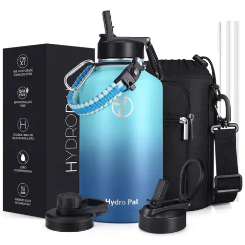 HydroPal 64oz Unisex Stainless Steel Insulated Hiking Water Bottle - BPA-Free Food-Grade Wide Mouth Bottled Vacuum Flask, Portable Tumbler with Straw/Chug Lid, Paracord Carrier for Outdoor Sports, Insulation Feature
