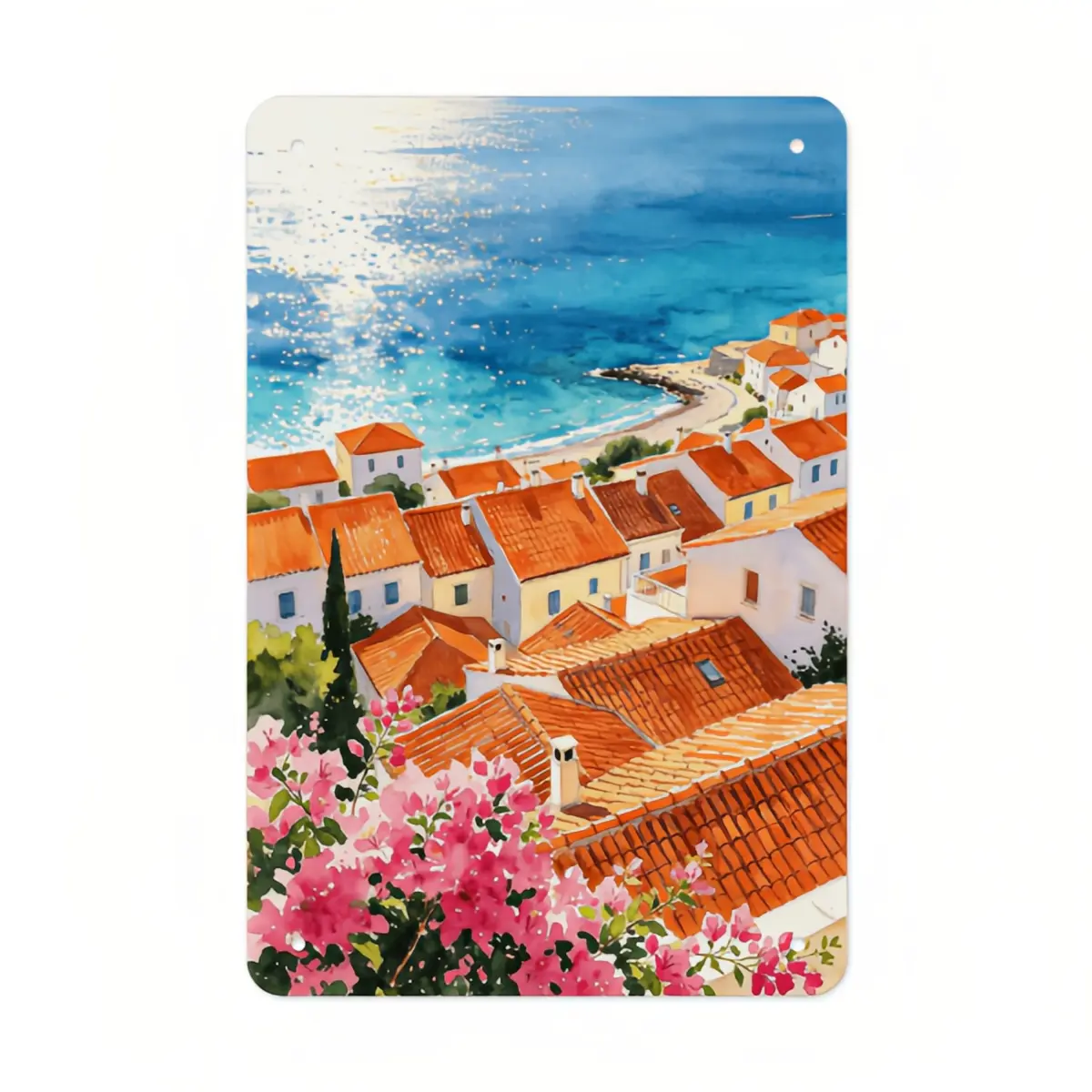 Vintage Iron Decorative Tin Sign - Mediterranean Coastal Village Watercolor Plaque with Red Tile Roof, Bougainvillea, Sparkling Blue Sea - Soft Nautical Greek Italian Decor for Beach House, Balcony, Bathroom, Wall Plaque