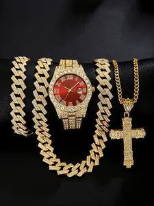 4pcs Stylish Daily Wear Men's Quartz Movement Watches with Buckle Closure, Punk Cuban Chain Cross Necklace and Bracelet Set, Perfect Gift for Holidays and Special Occasions Accessories Set