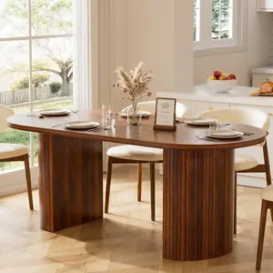 70.8" Oval Dining Table for 4-6 People, Mid-Century Modern Kitchen Table with Hidden Storage, Oval Dining Table with Fluted Tambour Doors for Dining Room, Living Room, Home Office, Walnut