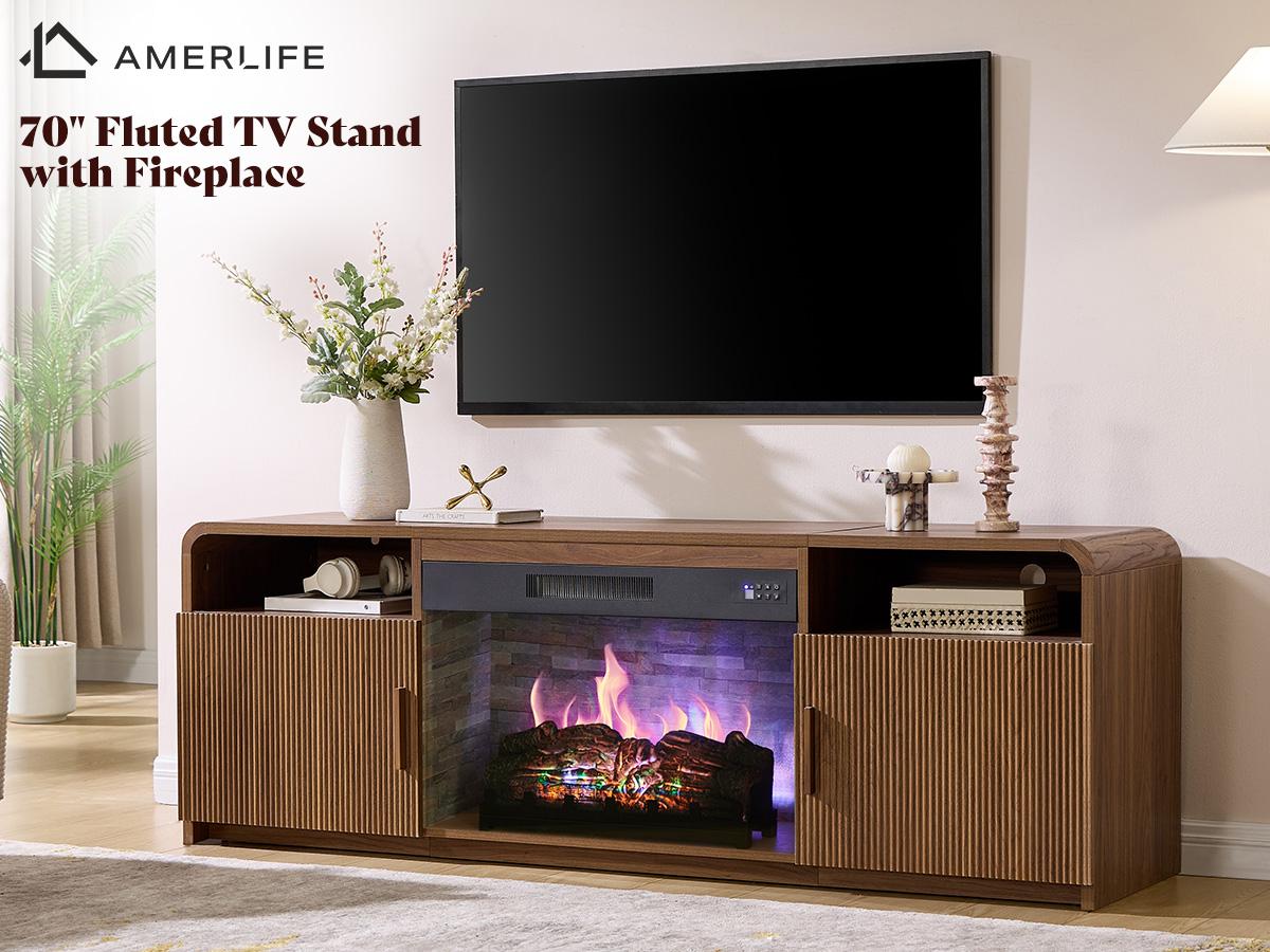 AMERLIFE 70" Fluted Fireplace TV Stand for TVs Up to 80", Modern TV Console with 30" Electric Fireplace & Storage Cabinets, Media Entertainment Center for Living Room