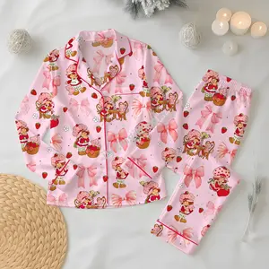 Strawberry Shortcake Silk Pajamas For Womens – Soft Satin Sleepwear Set, Cute Cartoon PJs Loungewear Gift