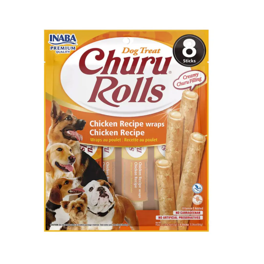 Inaba Churu Rolls Chicken Recipe Soft Cat Treats - Farm Raised Chicken, Fresh Packs, 0.42-oz x 8 Sticks, Water