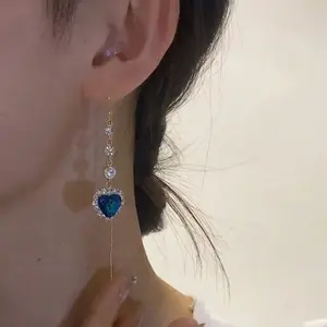 1pair/2pcs Elegant Blue Heart Shaped Ear Threader Earrings Suitable For Daily Wear By Women